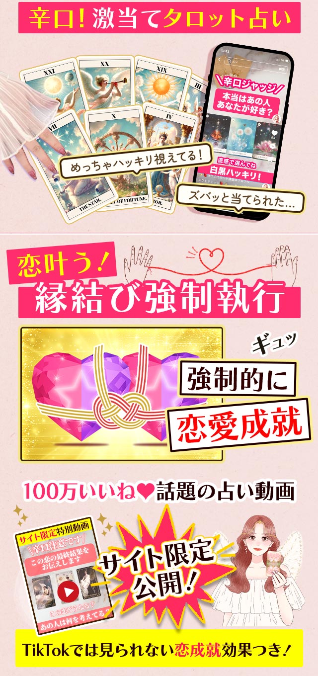 辛口!激当てタロット占い 恋叶う!縁結び強制執行 100万いいね話題の占い動画 サイト限定公開! TikTokでは見られない恋成就効果つき!